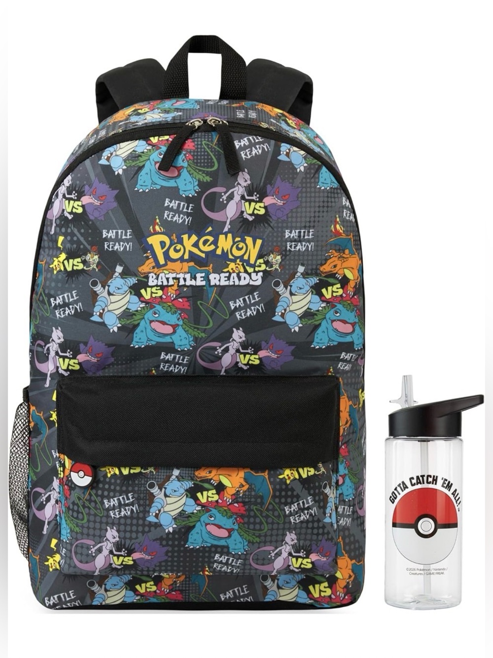 Pokemon @Battle Ready” Backpack and Water Bottle, 2 Piece Set